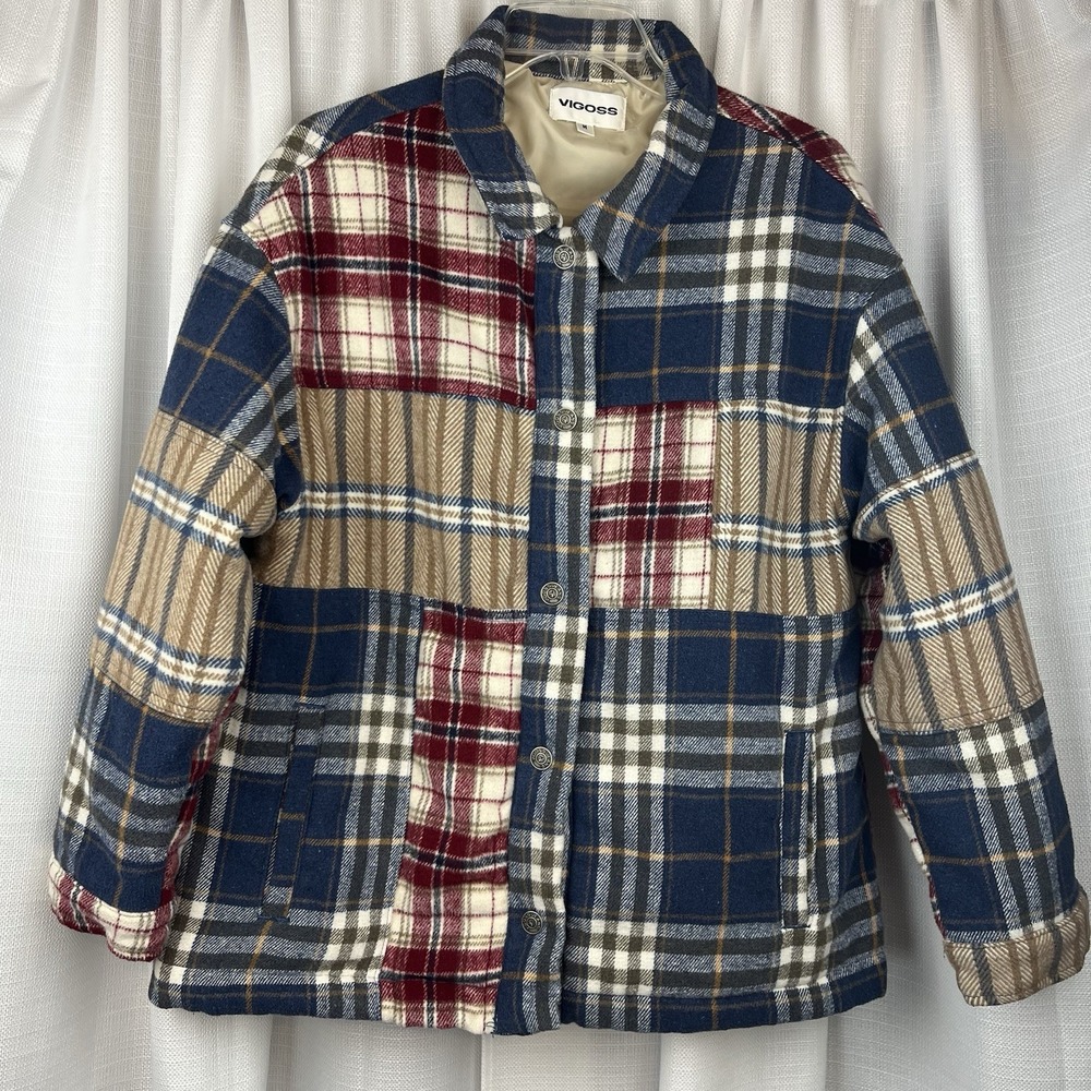 VIGOSS Women's Plaid Button Down Jacket Coat Blue Brown Red Medium